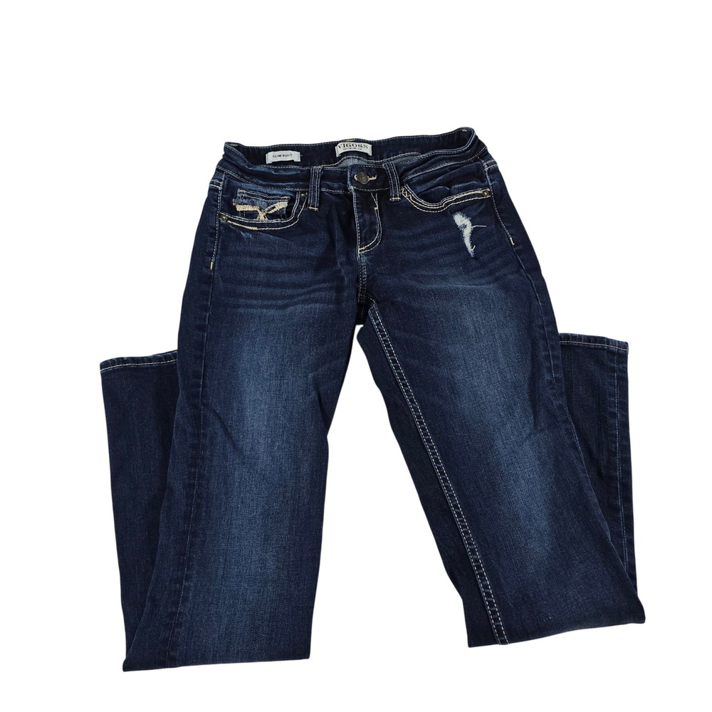 Vigoss Slim Boot Jeans Dark Wash Distressed Contrast Stitch Size 4